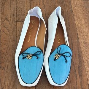 NWOT Tory Burch Blue and White Flats with Gold Accent